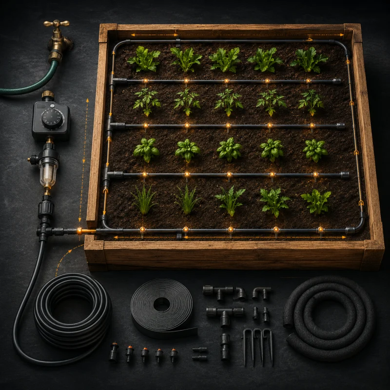 Drip irrigation layout diagram for a raised garden bed