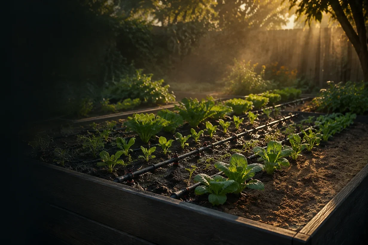 Drip irrigation lines running through a raised garden bed